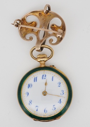 An early 20th century 18ct gold and two colour enamel open faced fob watch(enamel a.f.), with Arabic dial, case diameter 27mm, suspended from a Murrle Bennett & Co 9ct brooch. Condition - poor to fair